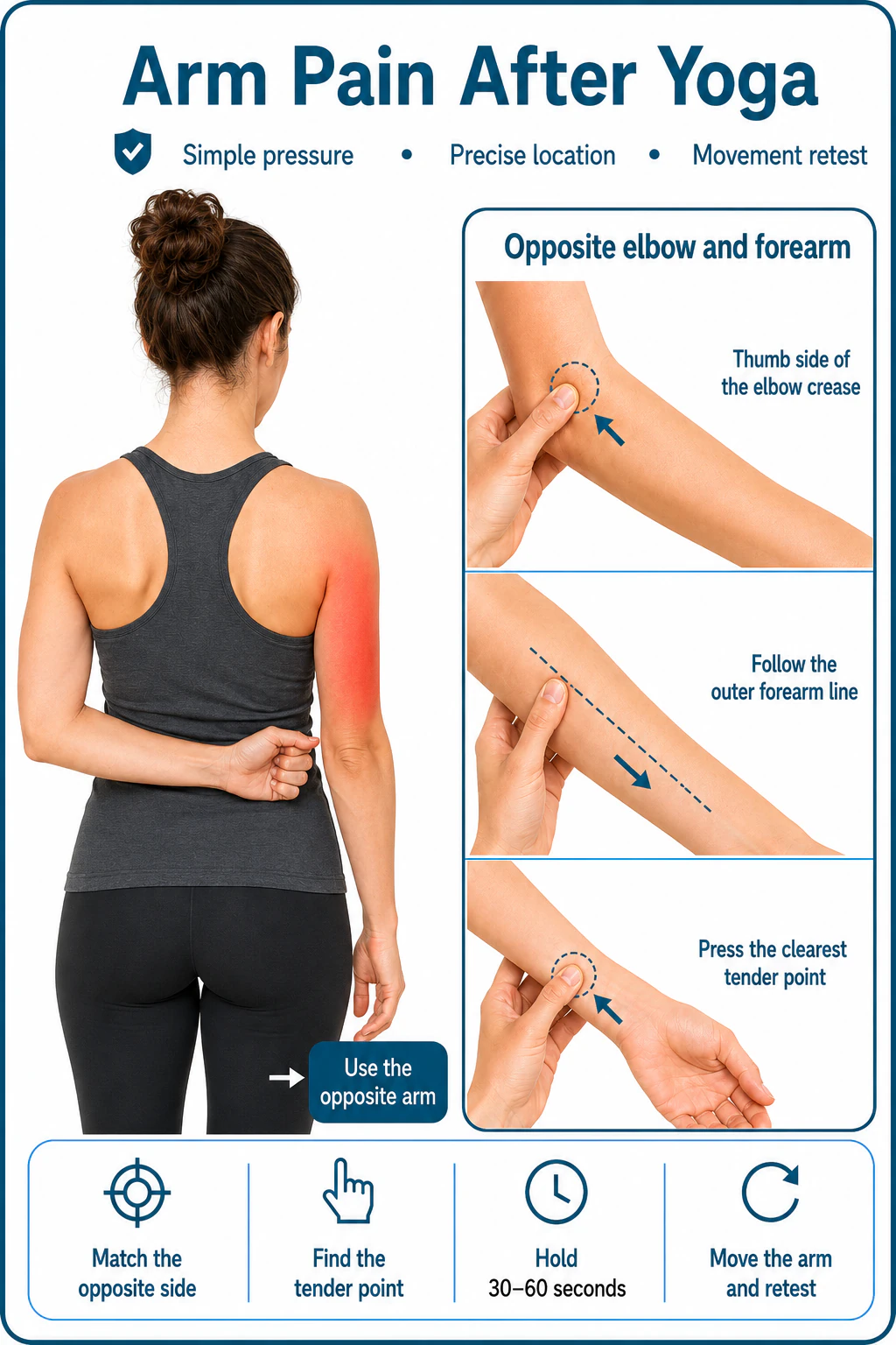 Illustrated guide showing arm and shoulder-blade discomfort with pressure along the opposite elbow crease and outer forearm