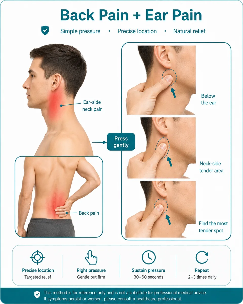 Illustrated finger-pressure guide for back pain + ear-side neck pain