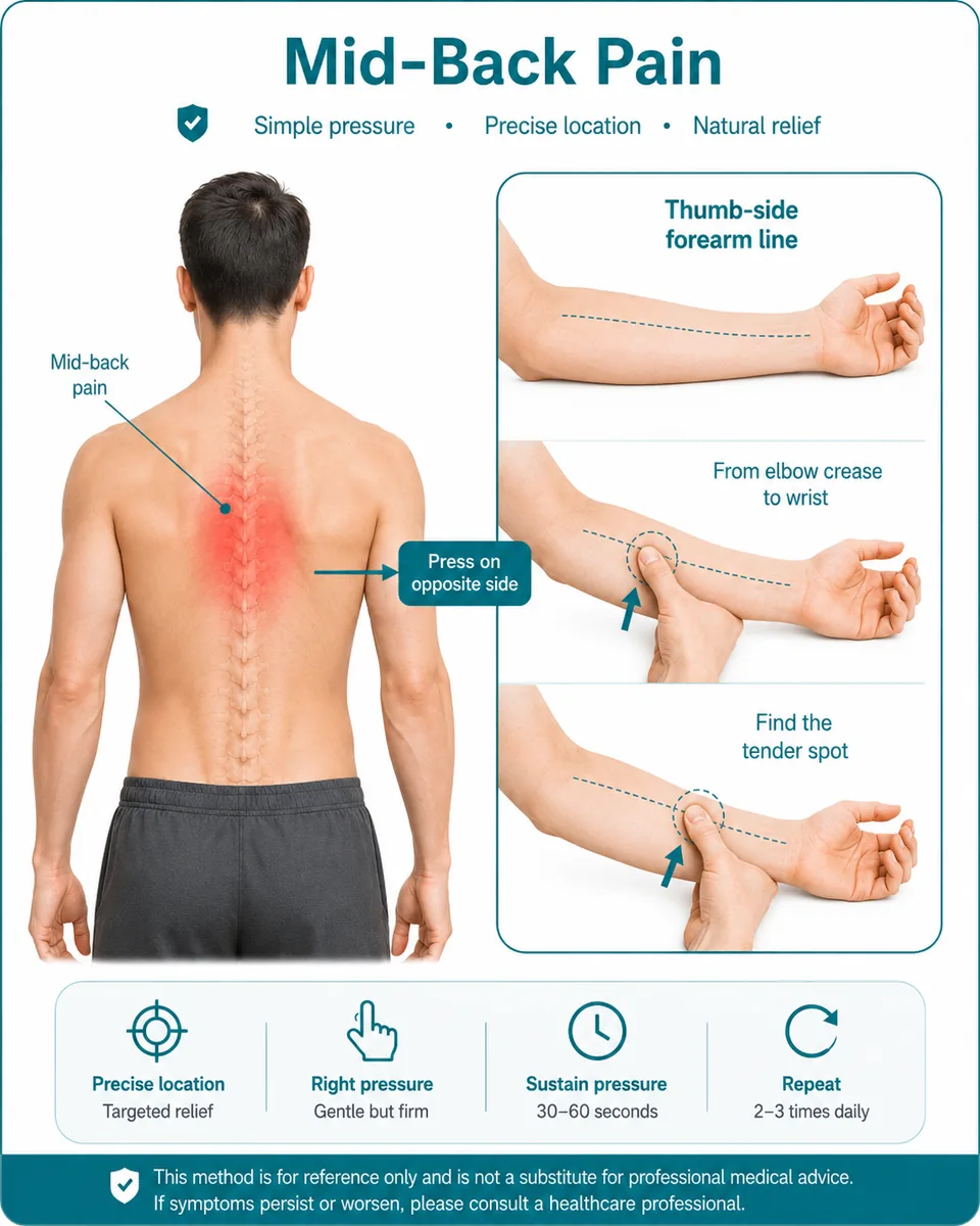 Illustrated mid-back movement check using gentle thumb pressure along the opposite forearm