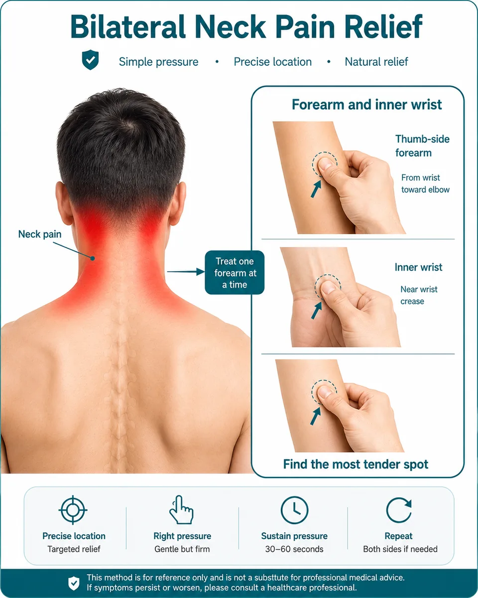 Illustrated finger-pressure guide for bilateral neck pain relief