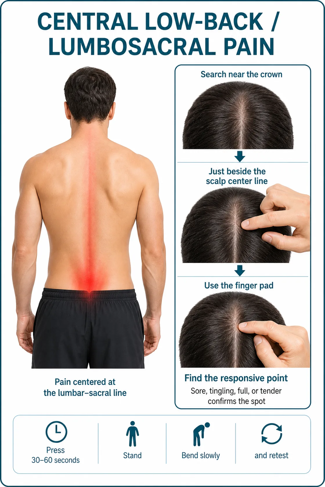 Illustrated guide showing central lumbosacral pain with finger pressure near the scalp crown just beside the center line