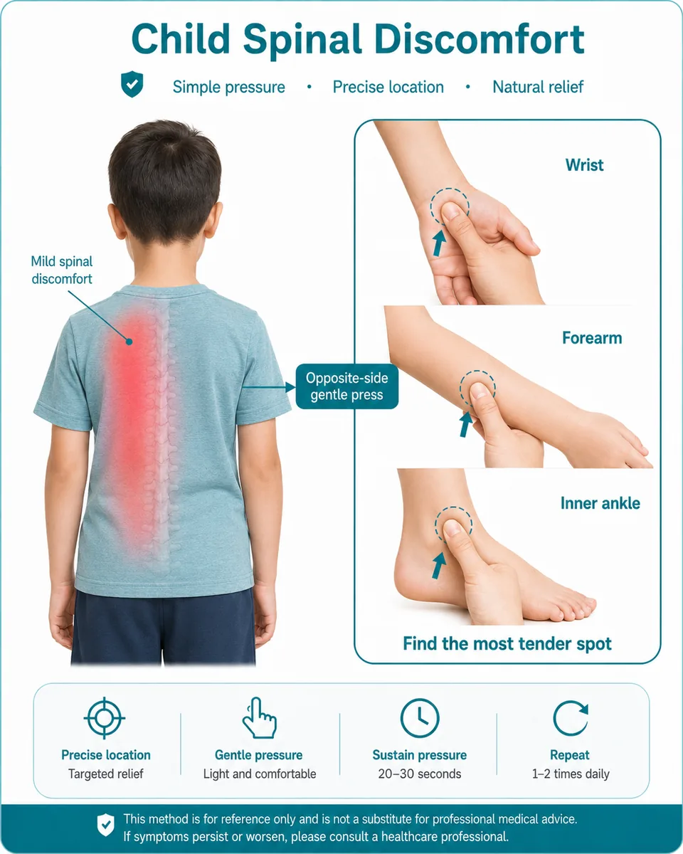 Illustrated finger-pressure guide for mild spinal discomfort in children