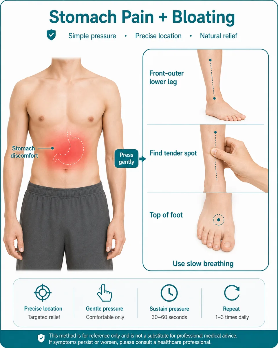 Illustrated finger-pressure guide for chronic stomach pain / bloating