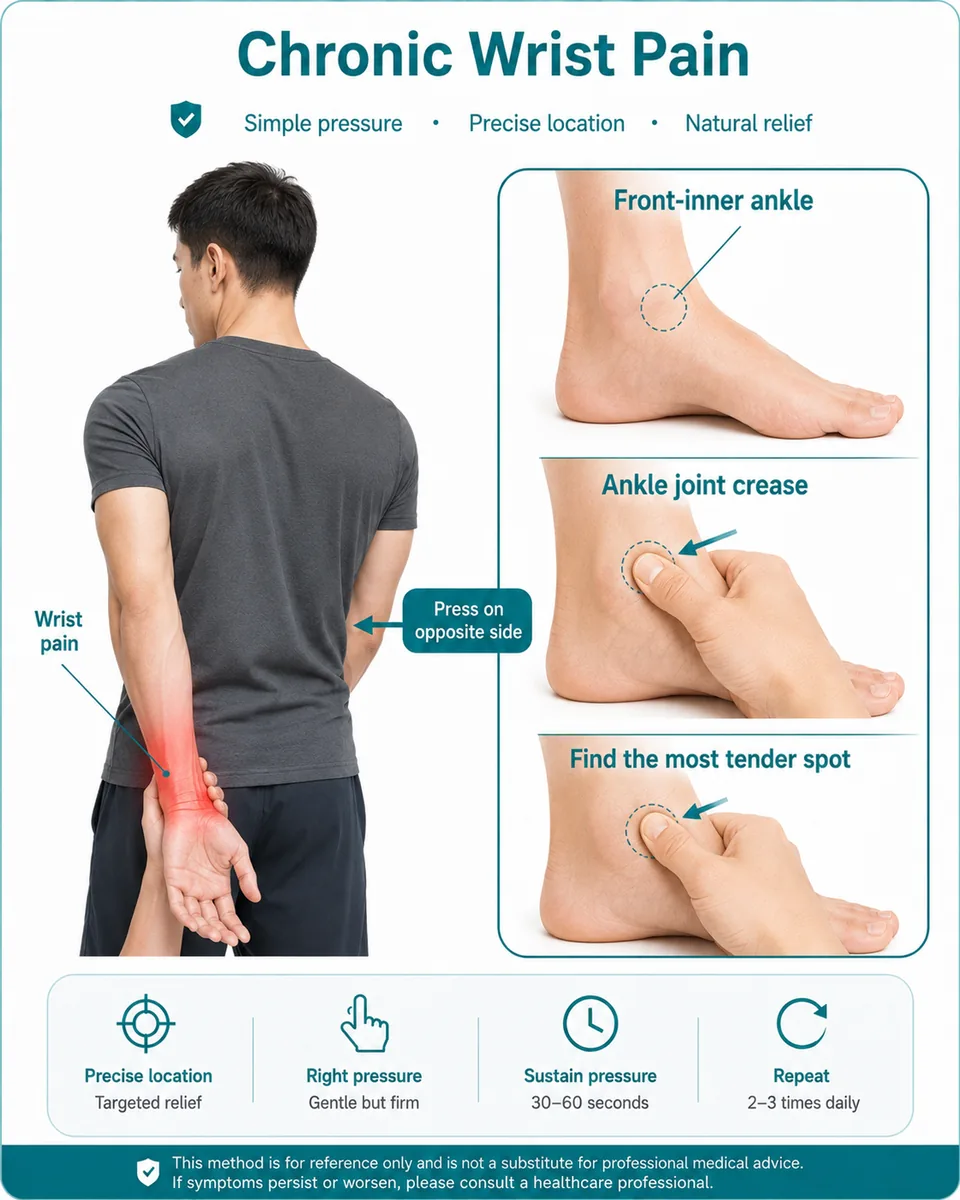 Illustrated wrist movement guide using pressure at the front-inner ankle on the opposite side