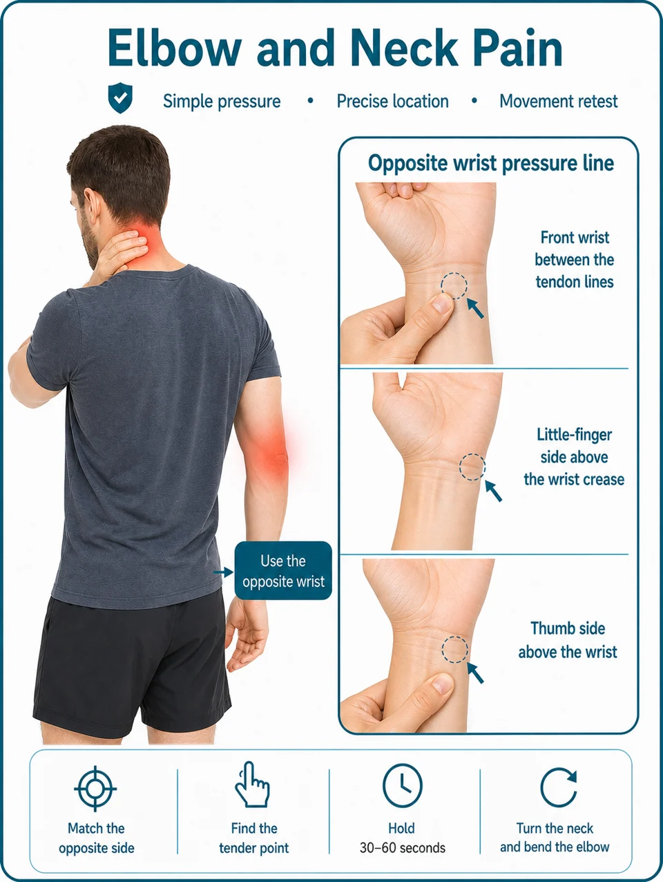 Illustrated guide showing elbow and neck pain with three pressure areas on the opposite wrist
