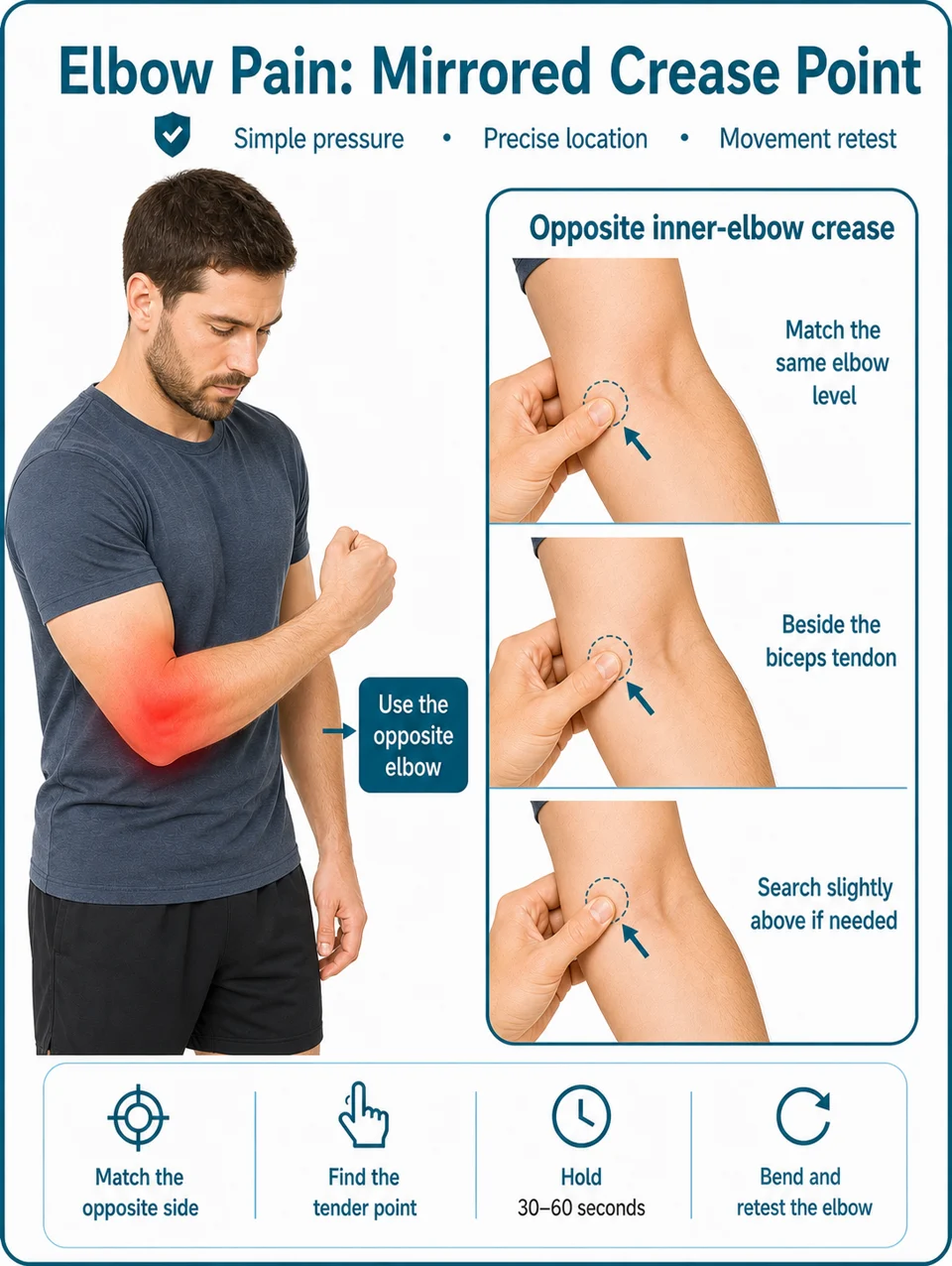 Illustrated guide showing elbow pain and a mirrored pressure point in the opposite inner-elbow crease