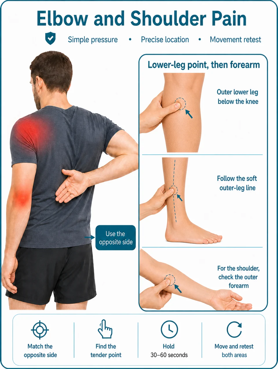 Illustrated two-stage guide using an opposite outer lower-leg point for elbow pain and an outer forearm point for shoulder pain