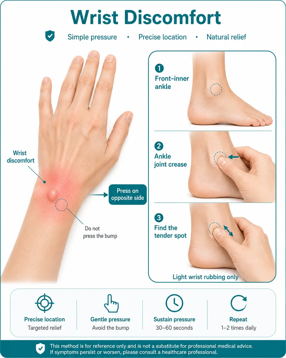 Illustrated finger-pressure guide for wrist discomfort related to a ganglion cyst