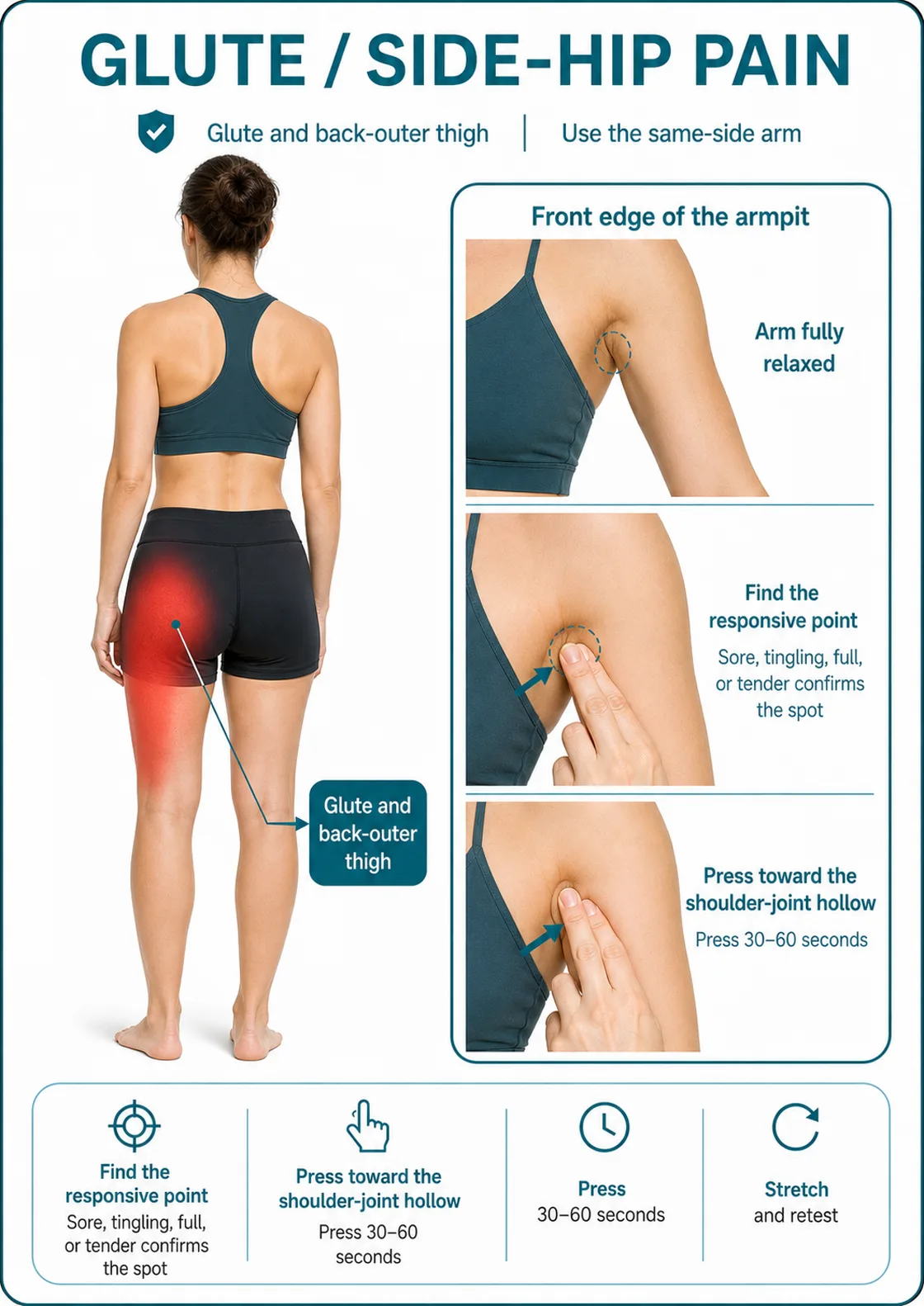 Illustrated guide showing glute and back-outer thigh pain with finger pressure at the same-side front armpit hollow