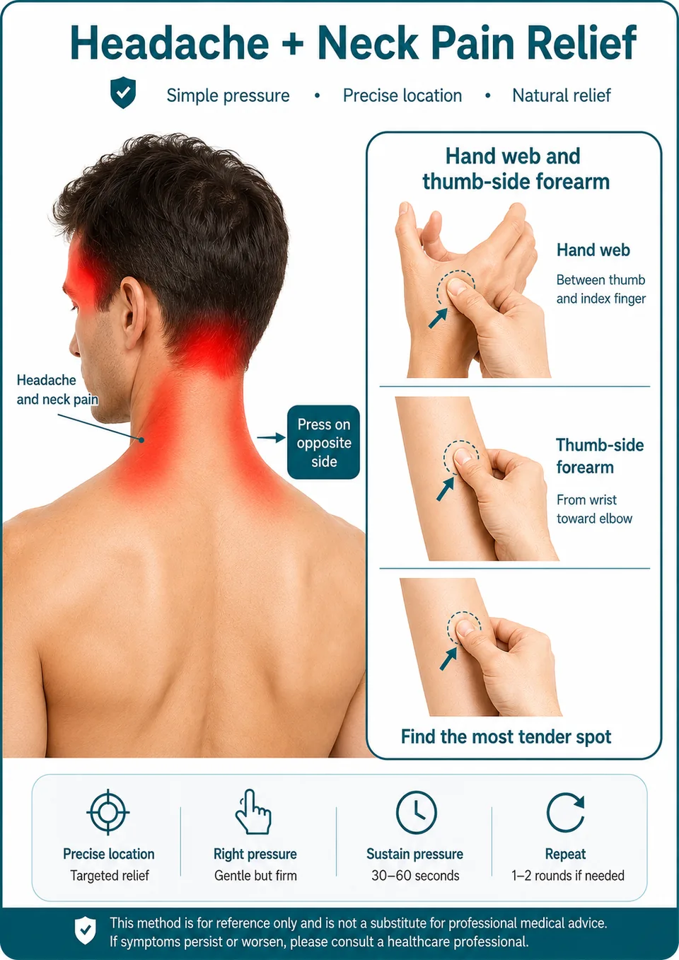Illustrated finger-pressure guide for headache + neck pain relief