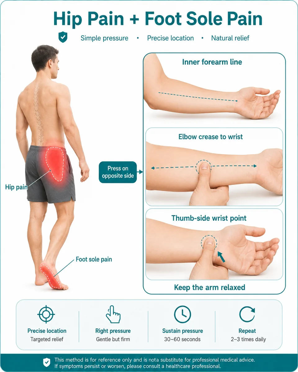Illustrated hip and foot guide using the inner forearm line on the opposite side