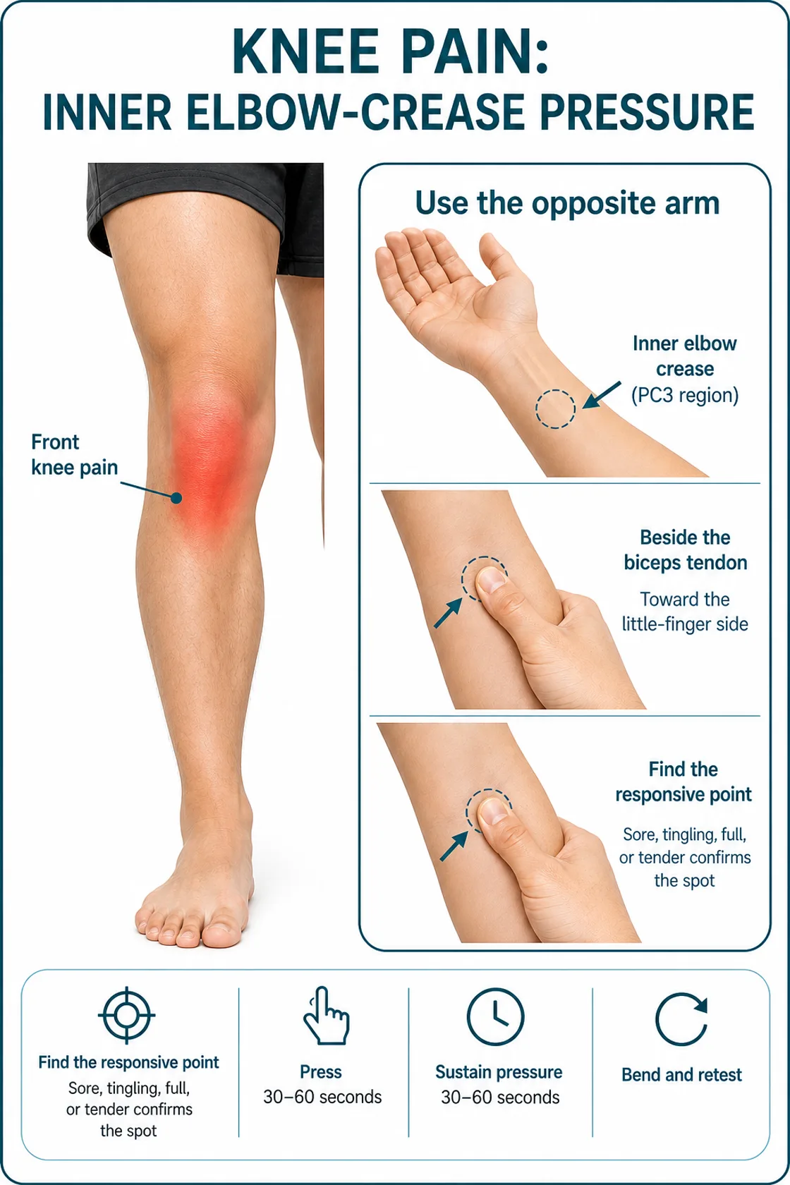 Illustrated guide showing front knee pain with pressure at the opposite inner elbow crease near PC3