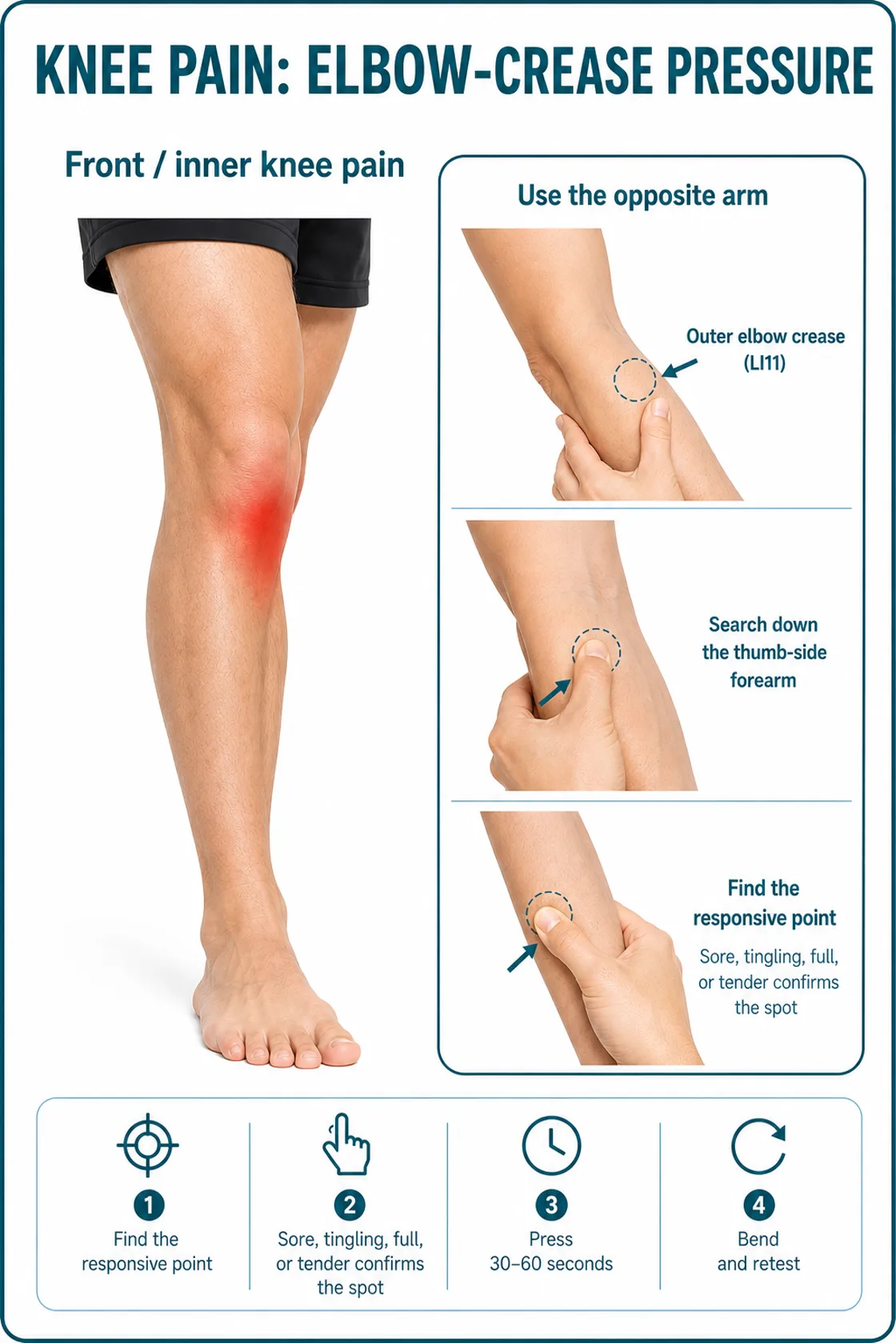 Illustrated guide showing front and inner knee pain with pressure at the opposite outer elbow crease and thumb-side forearm