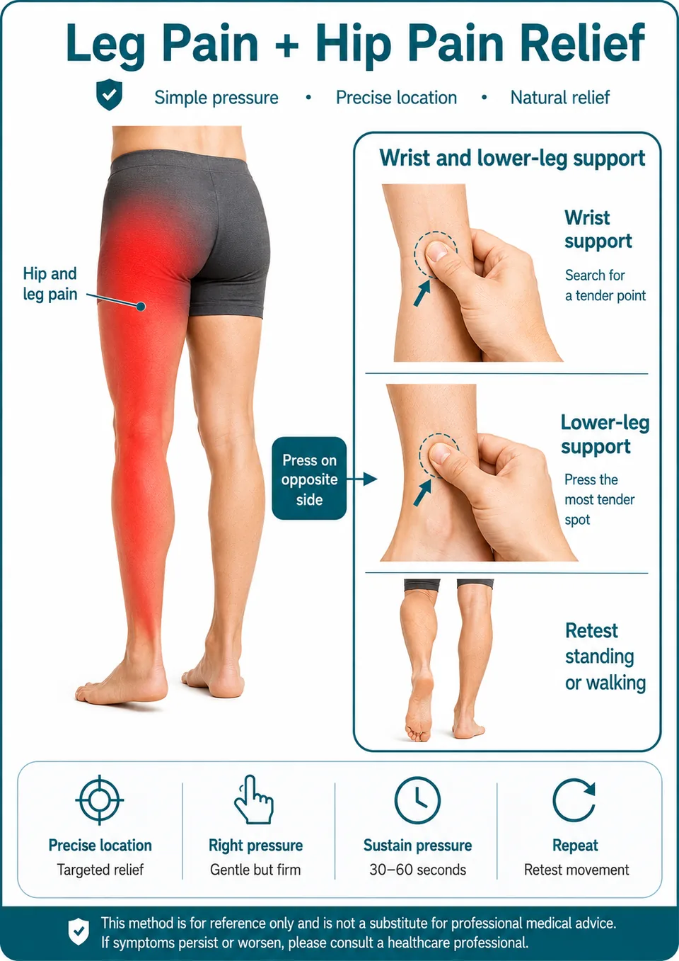 Illustrated finger-pressure guide for leg and hip pain relief
