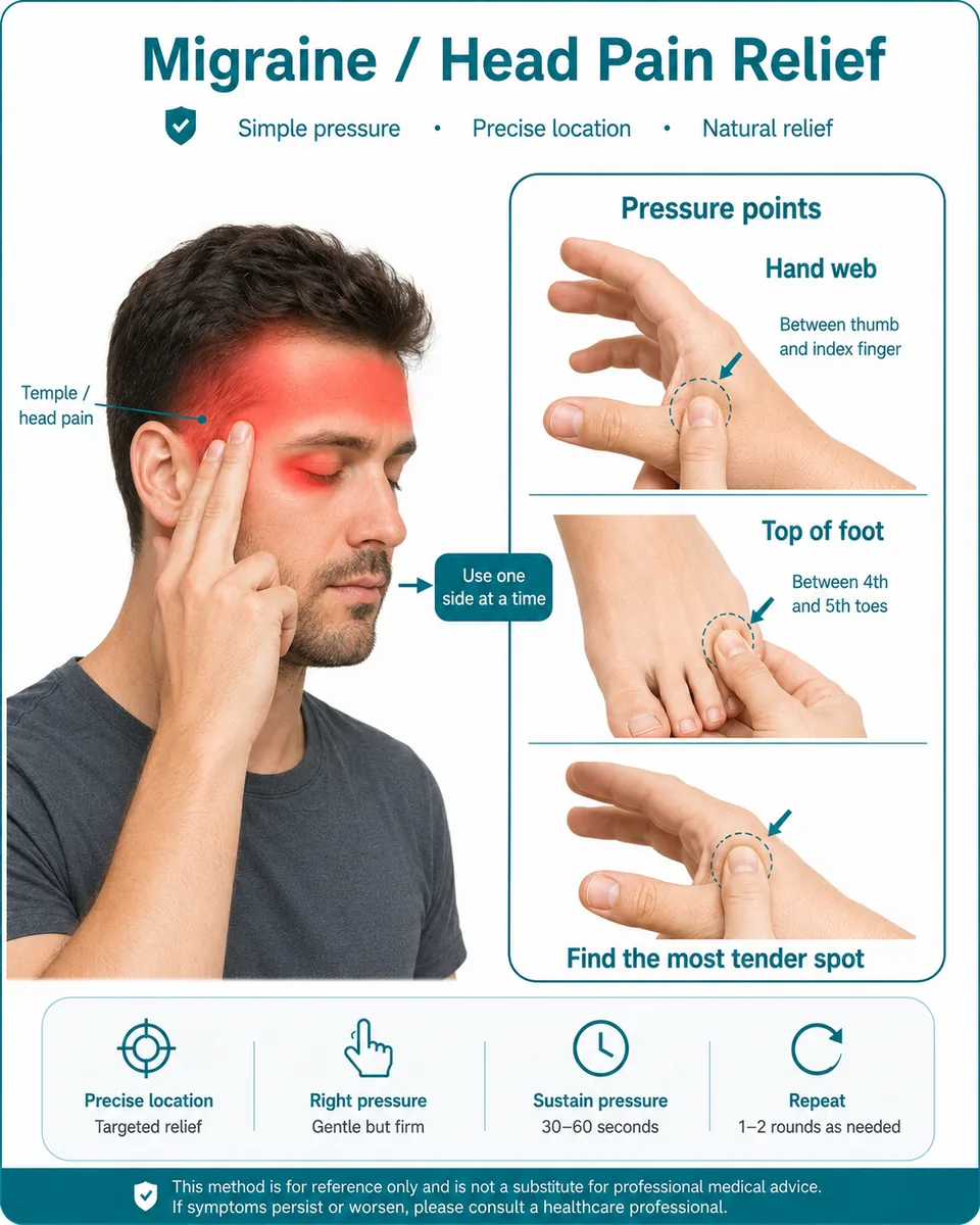 Illustrated finger-pressure guide for migraine / head pain relief