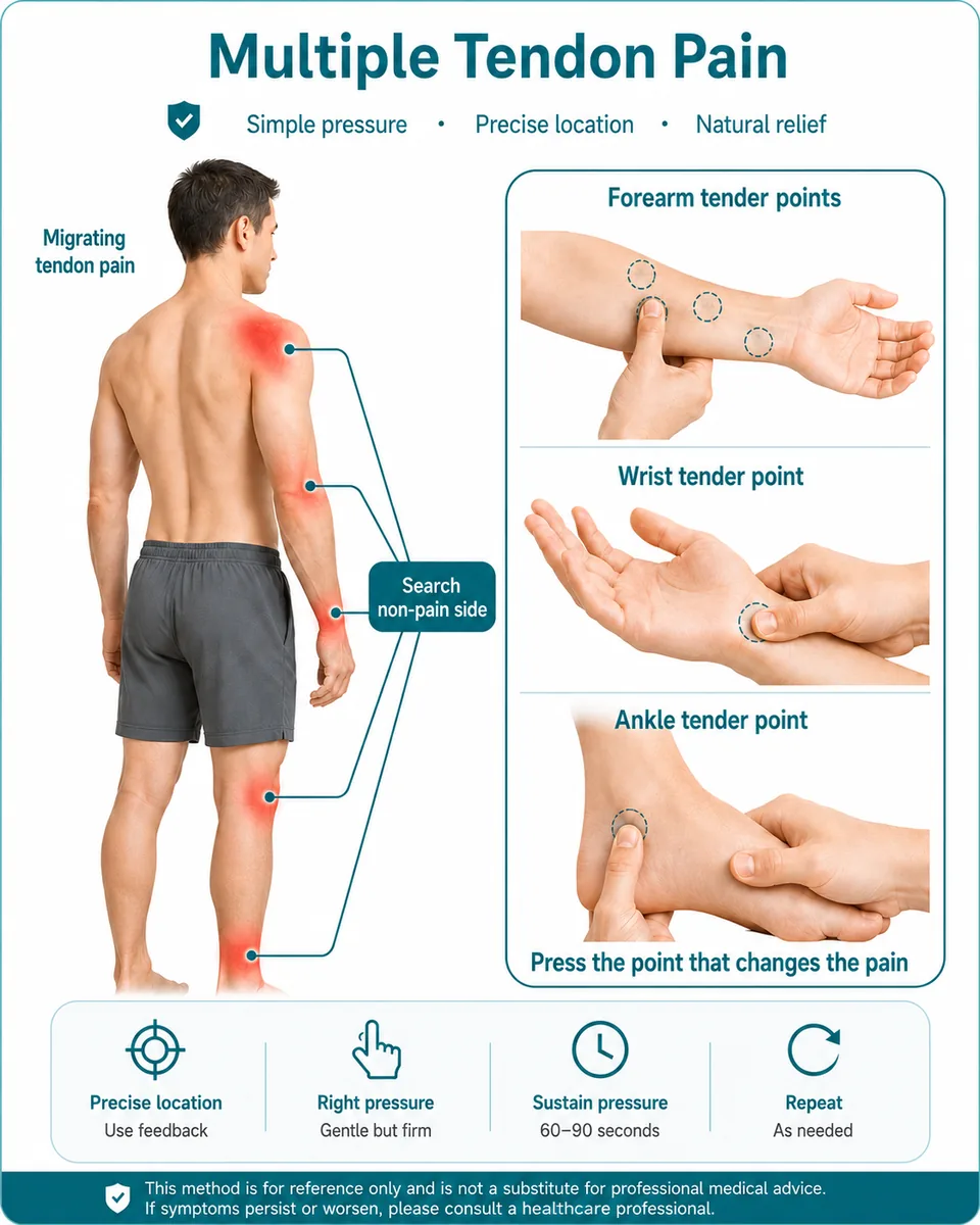Illustrated finger-pressure guide for multiple tendon pain / chronic overuse pain