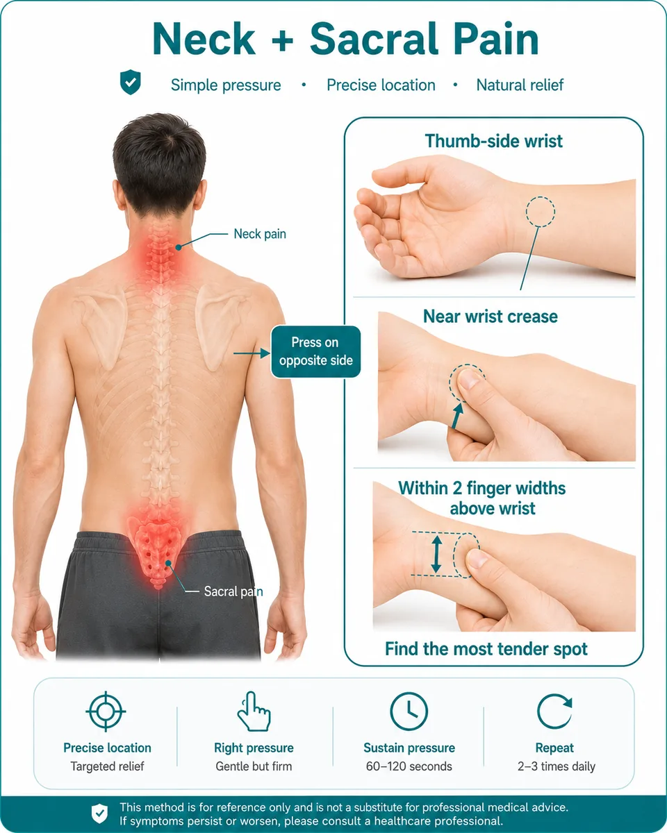 Illustrated finger-pressure guide for neck + sacral pain