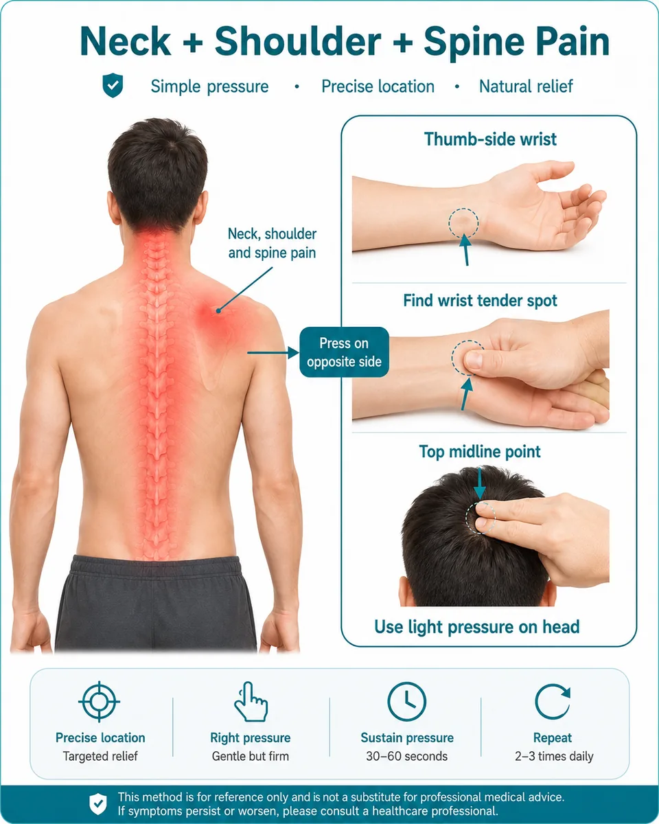 Illustrated finger-pressure guide for neck, shoulder + spine pain