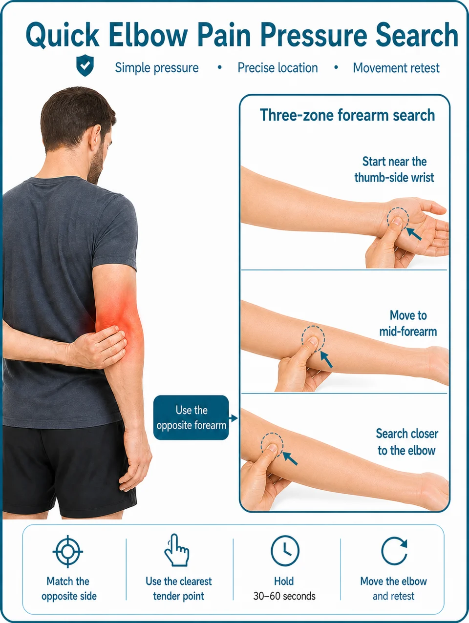 Illustrated guide showing a three-zone search from the opposite thumb-side wrist toward the elbow