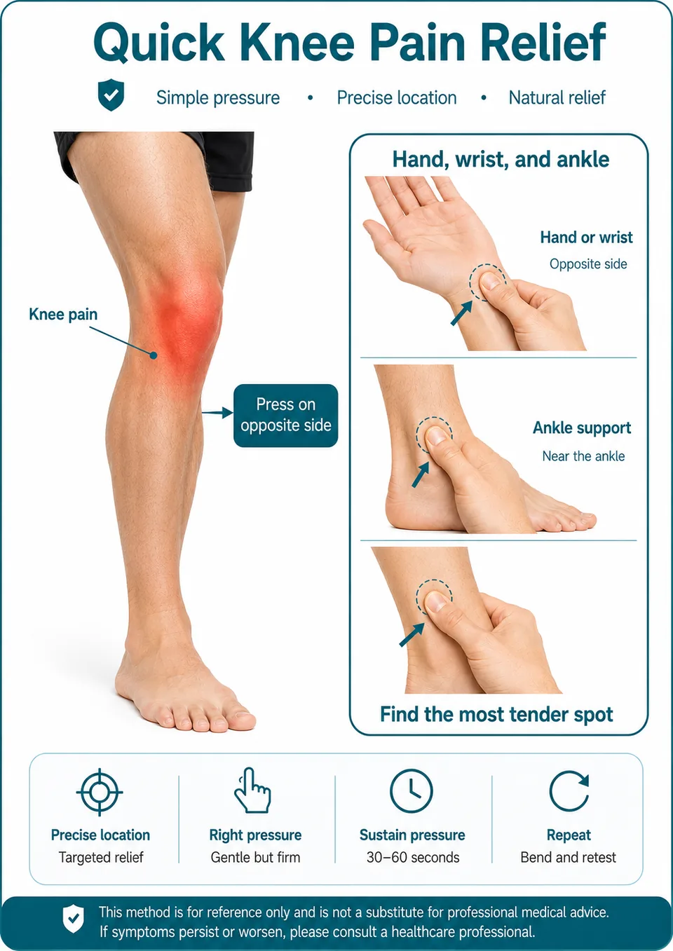 Illustrated seated knee movement check paired with gentle pressure on the opposite hand