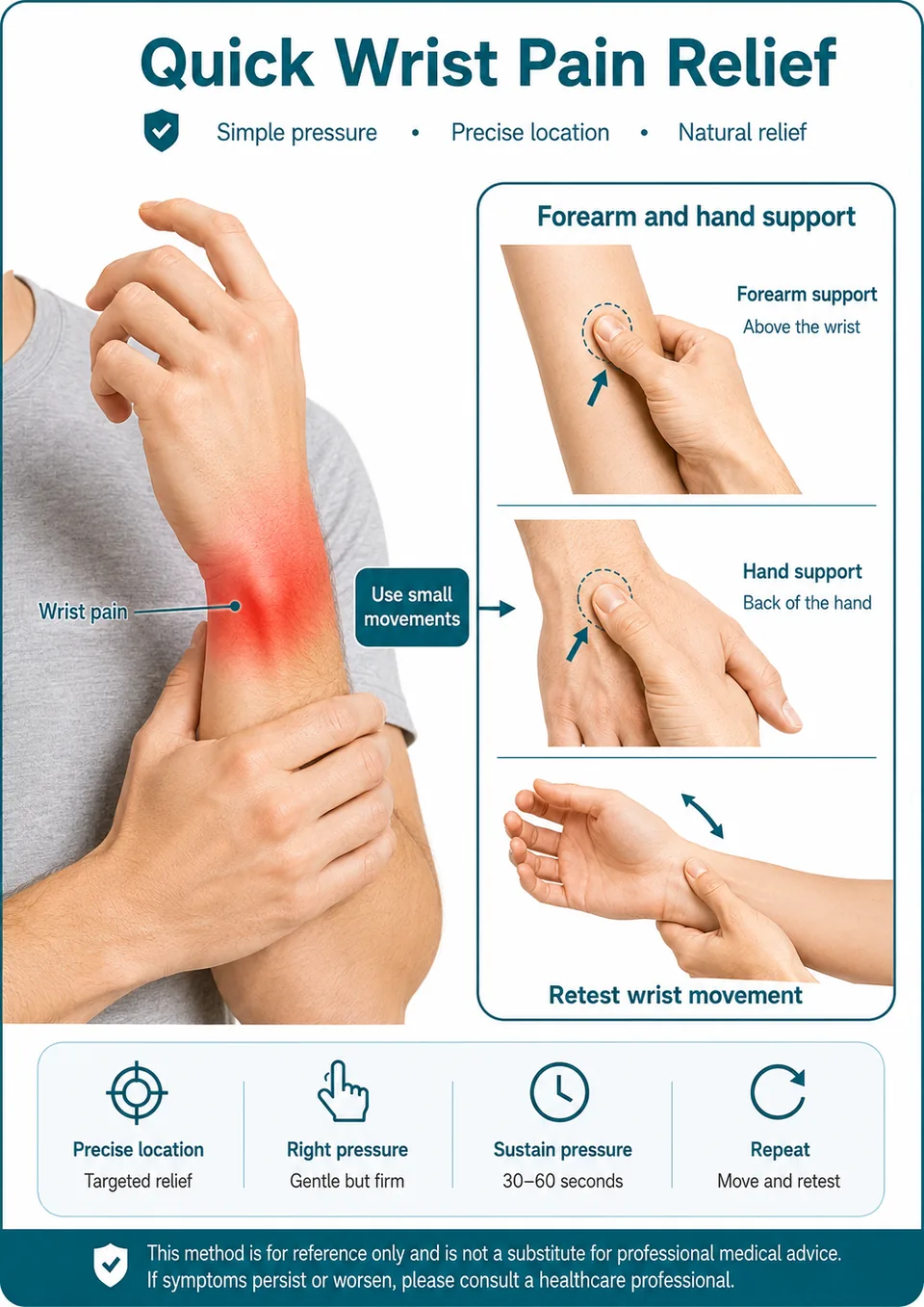 Illustrated finger-pressure guide for quick wrist pain relief