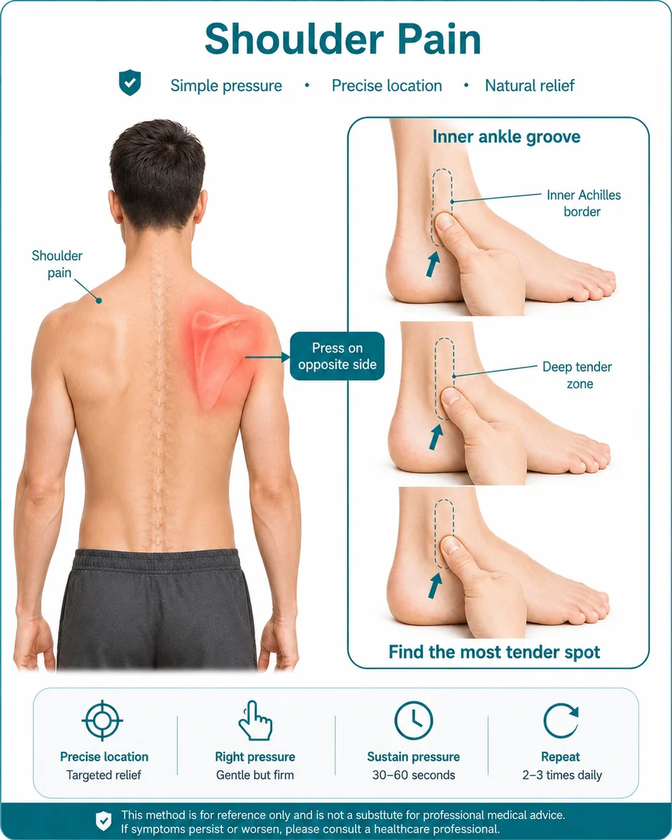 Illustrated finger-pressure guide for shoulder pain: deep ankle pressure
