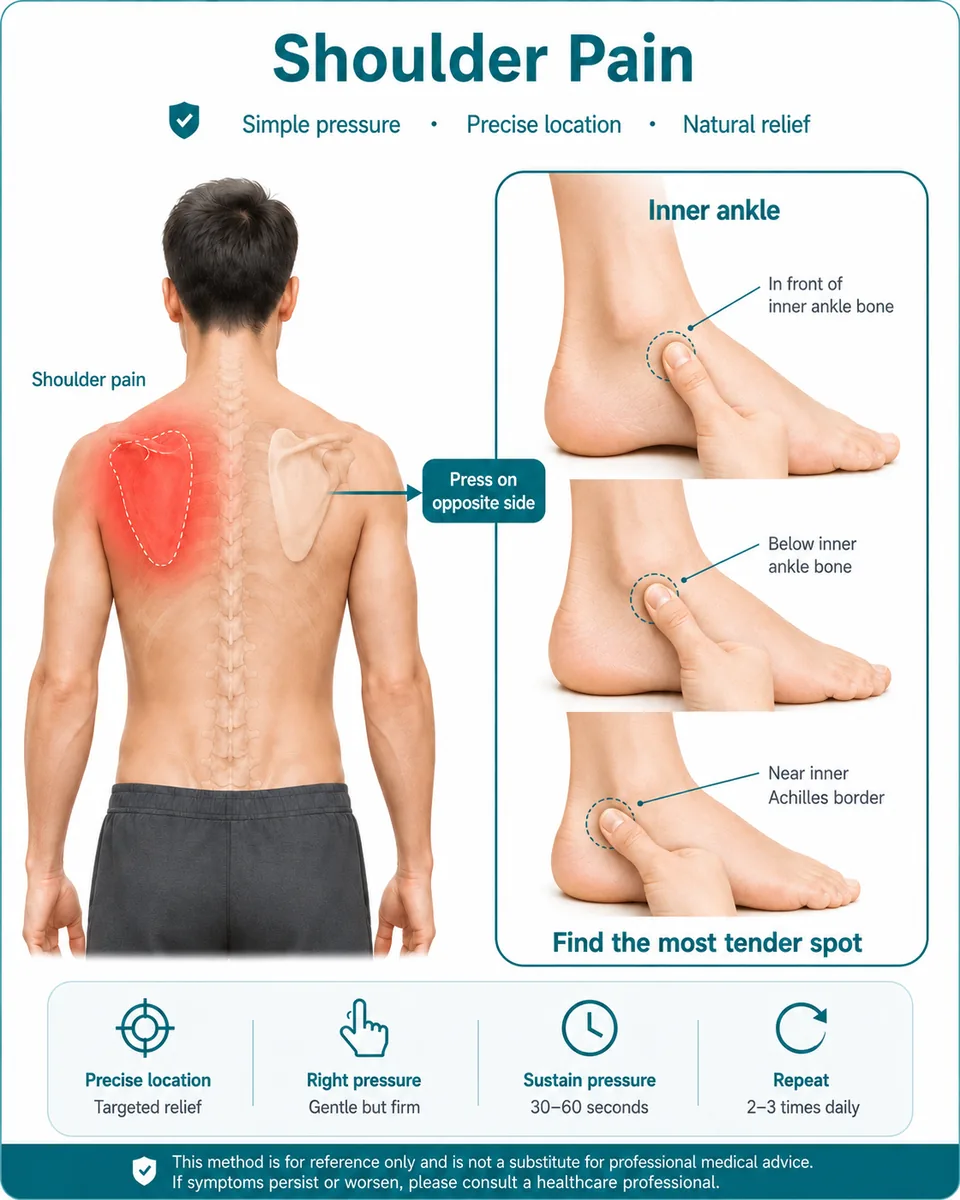 Illustrated finger-pressure guide for shoulder pain: inner ankle pressure