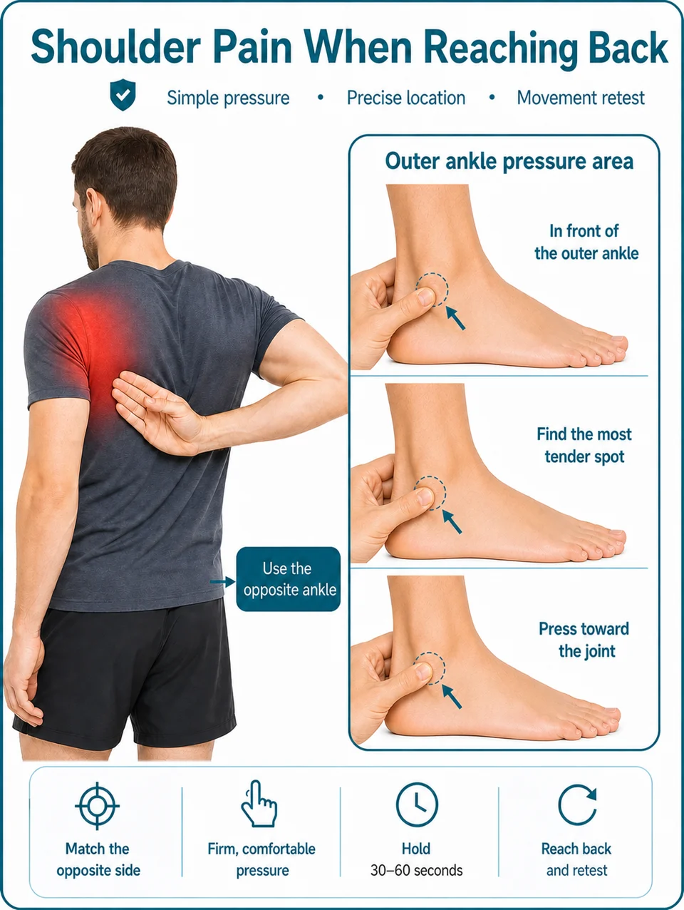 Illustrated guide showing a reaching-back shoulder test and finger pressure in the opposite outer-ankle hollow