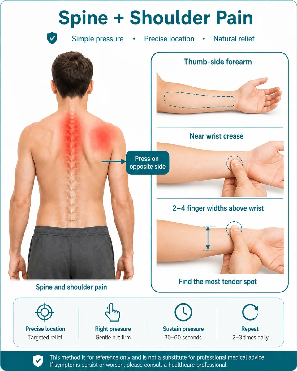 Illustrated finger-pressure guide for spine + shoulder pain