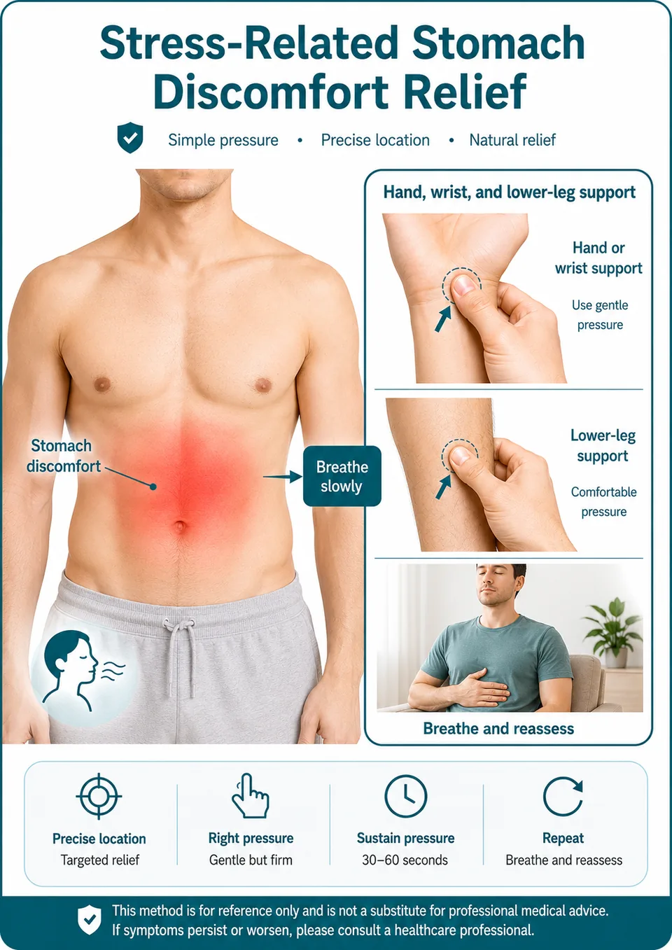 Illustrated finger-pressure guide for stress-related stomach discomfort relief