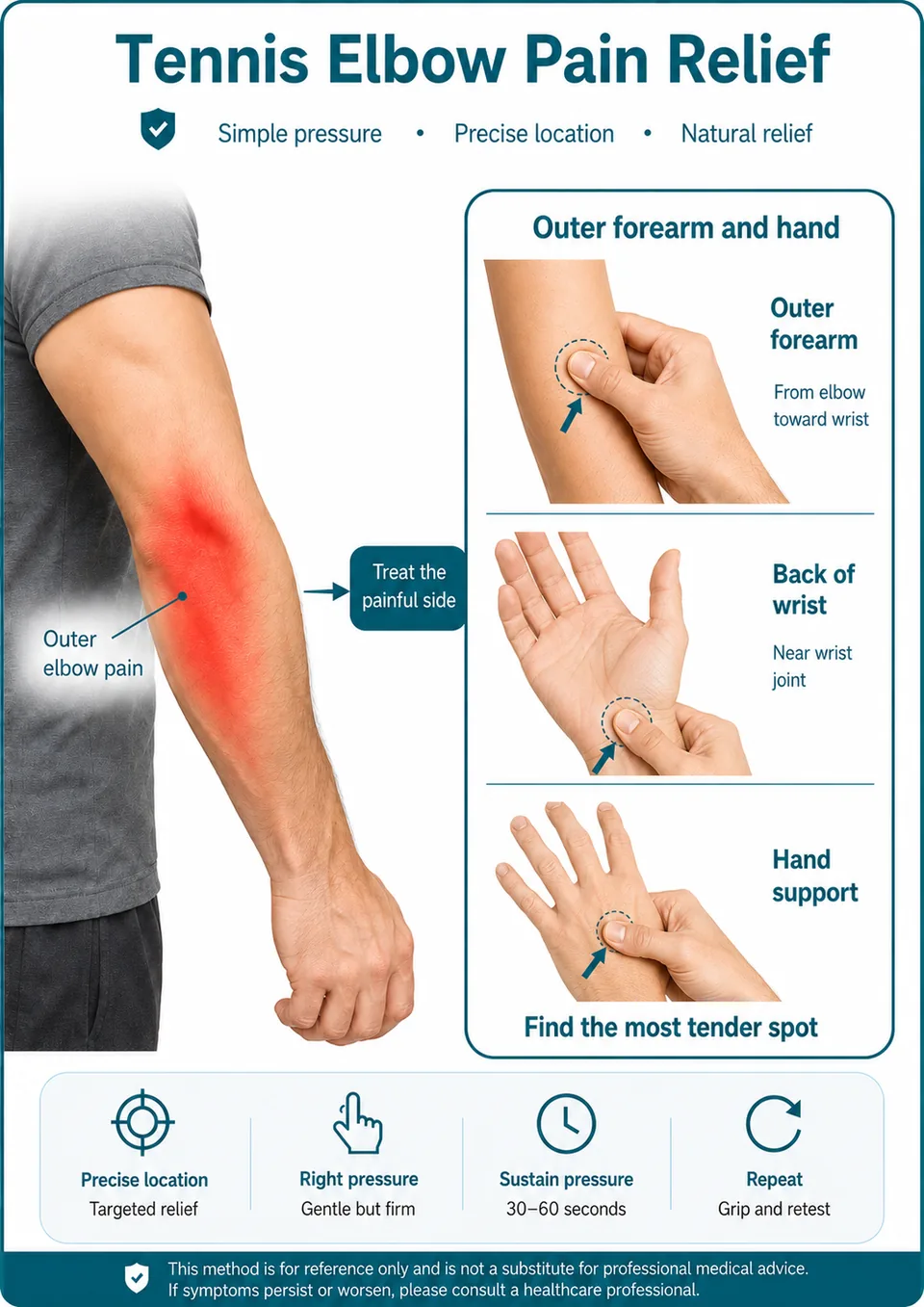 Illustrated tennis-elbow guide using responsive points on the same-side outer forearm, wrist, and hand